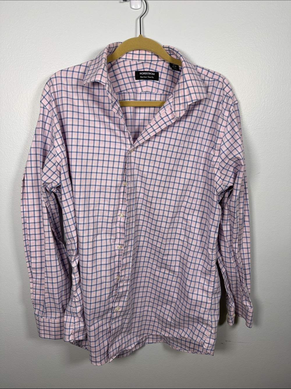 Nordstrom Men’s Pink Check Button-Up Shirt with Blue Grid Size 17.5 x 34/35